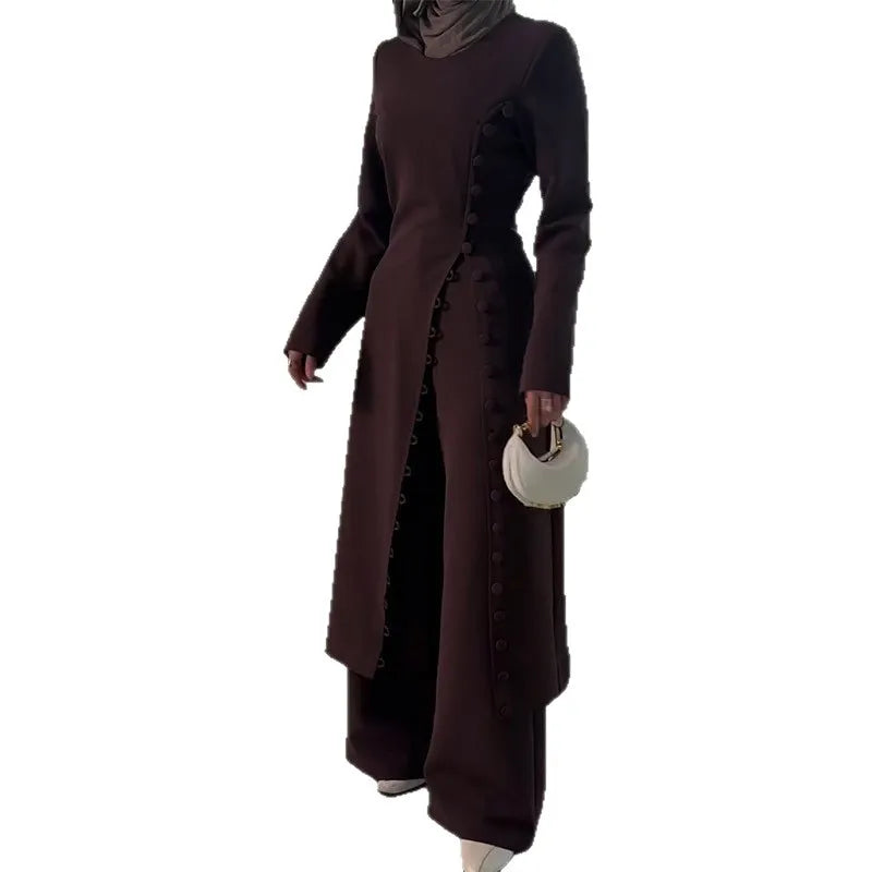 Two Piece Set Women Long Robe Top Wide Leg Pants Suit Ramadan Morocco Dubai Islam Casual Ensemble Femme Muslim Arabic Outfits