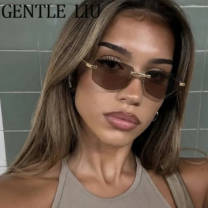 Steampunk Rimless Polygon Sunglasses Women 2026 Luxury Brand Classic Geometric Sun Glasses Metal Driving Fashion Eyewear Shades