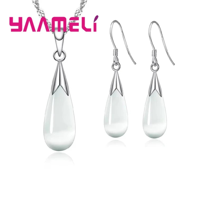 925 Sterling Silver Opal Cat Eye Stone Jewellery Set