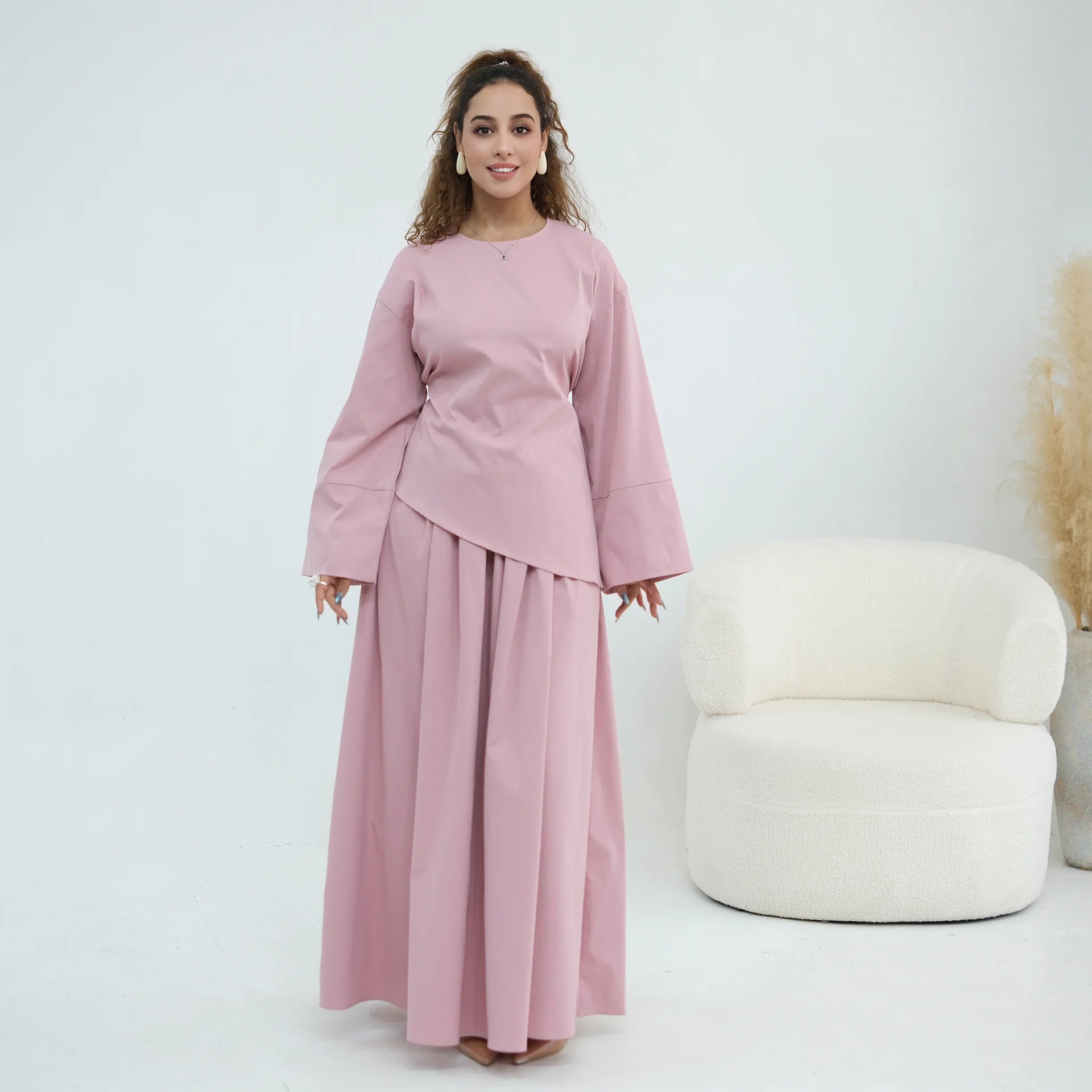 Elegant Women's 2 Piece Abaya Set Muslim Clothing Long Sleeve Top and Pleated Skirt Islamic Traditional Matching Turkey Outfit