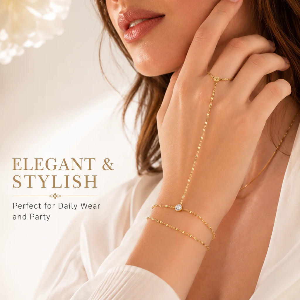 Gold Double Layer Hand Chain Ring Bracelet