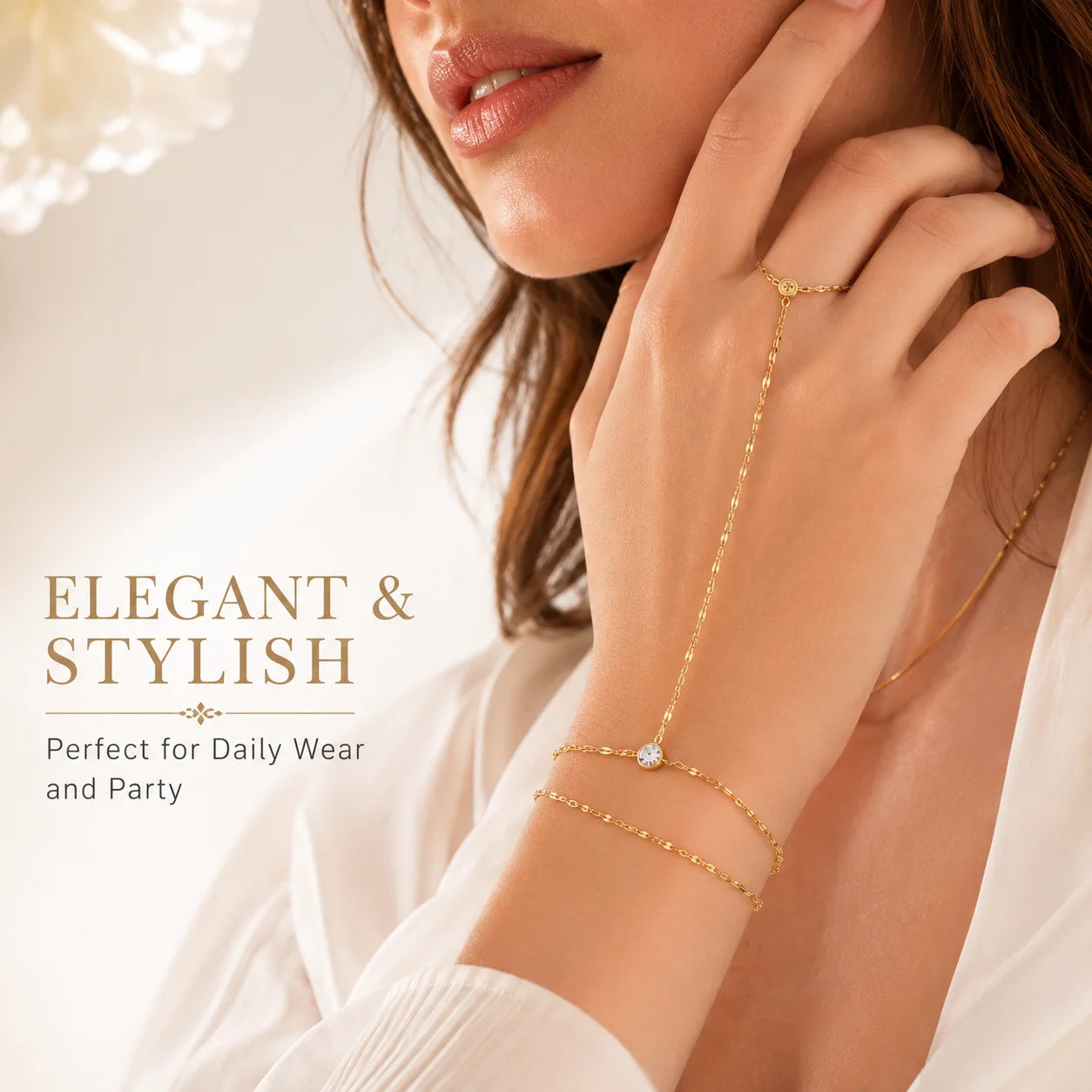 Gold Double Layer Hand Chain Ring Bracelet