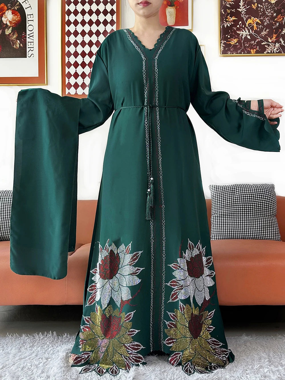 Chiffon Diamond Long Sleeve Abaya Dress