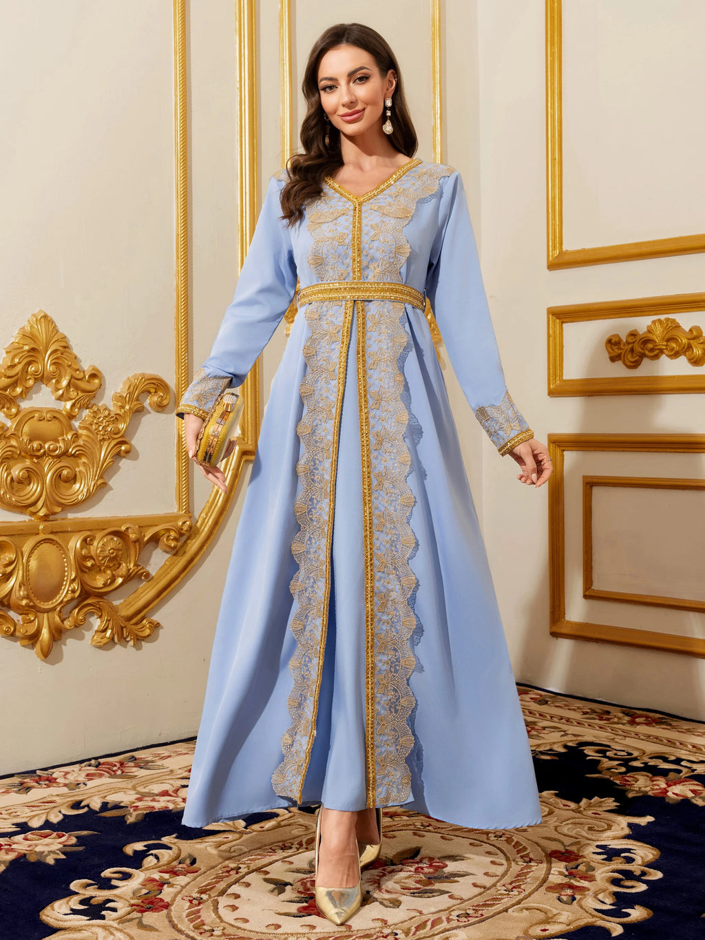 Gold Embroidery V-Neck Muslim Kaftan Maxi Dress