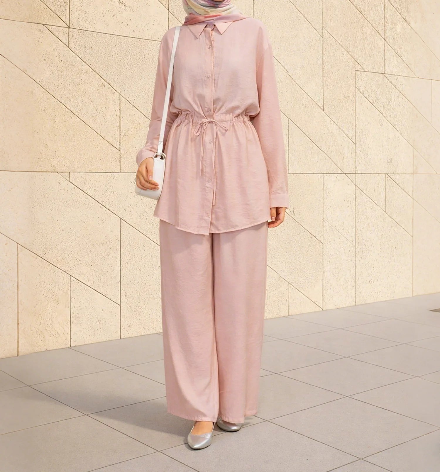 Shirts Suit Women Eid Shirt Wide Leg Pants 2 Piece Set Muslim Morocco Top Trousers Outfits Drawstring Ramadan Dubai Ensemble