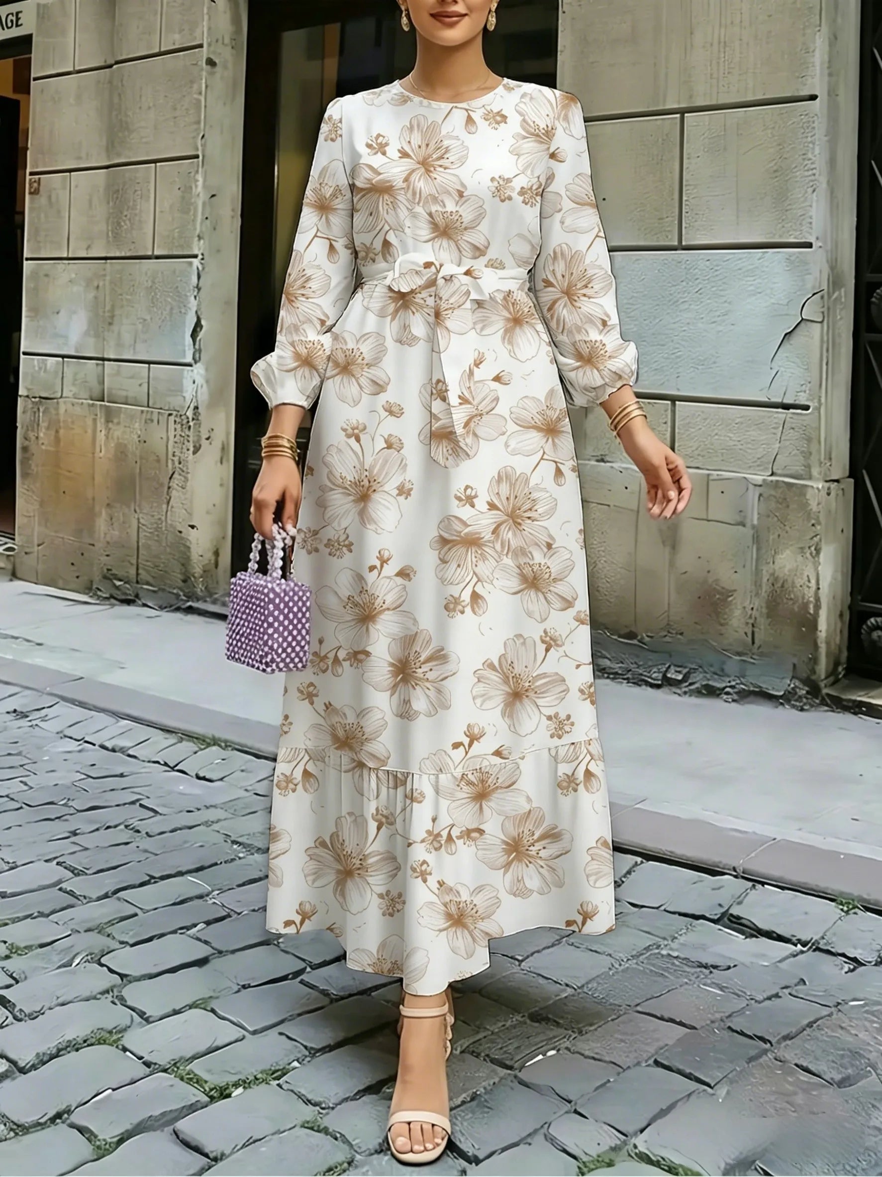Floral Lantern Sleeve Long-Sleeve Maxi Dress