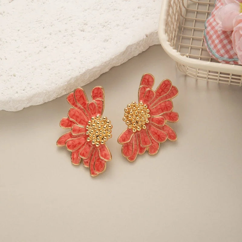 White Pink Metal Petal Flower Stud Earrings