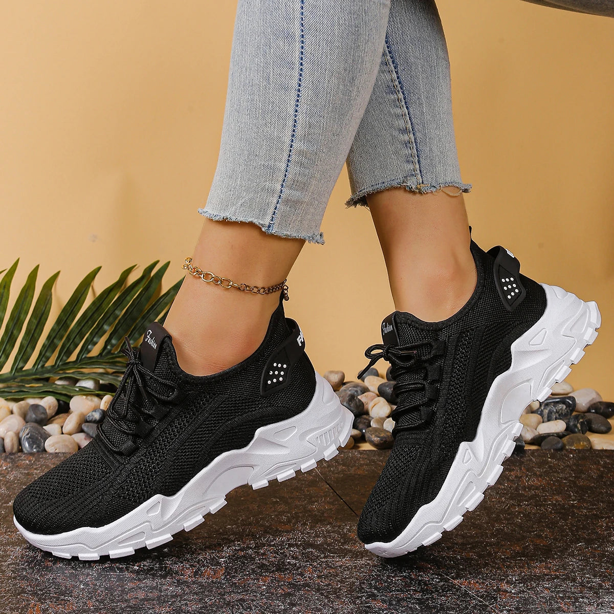 Women's Chunky Dad/Mom Sneakers 4cm Heightening Knit Mesh Breathable Non-Slip Lace Up Casual Athletic Trainers