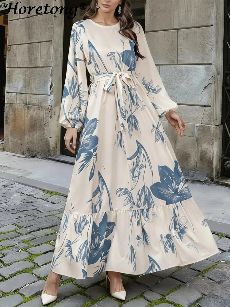 Floral Print Round Neck Ruffle Hem Modest Maxi Dress
