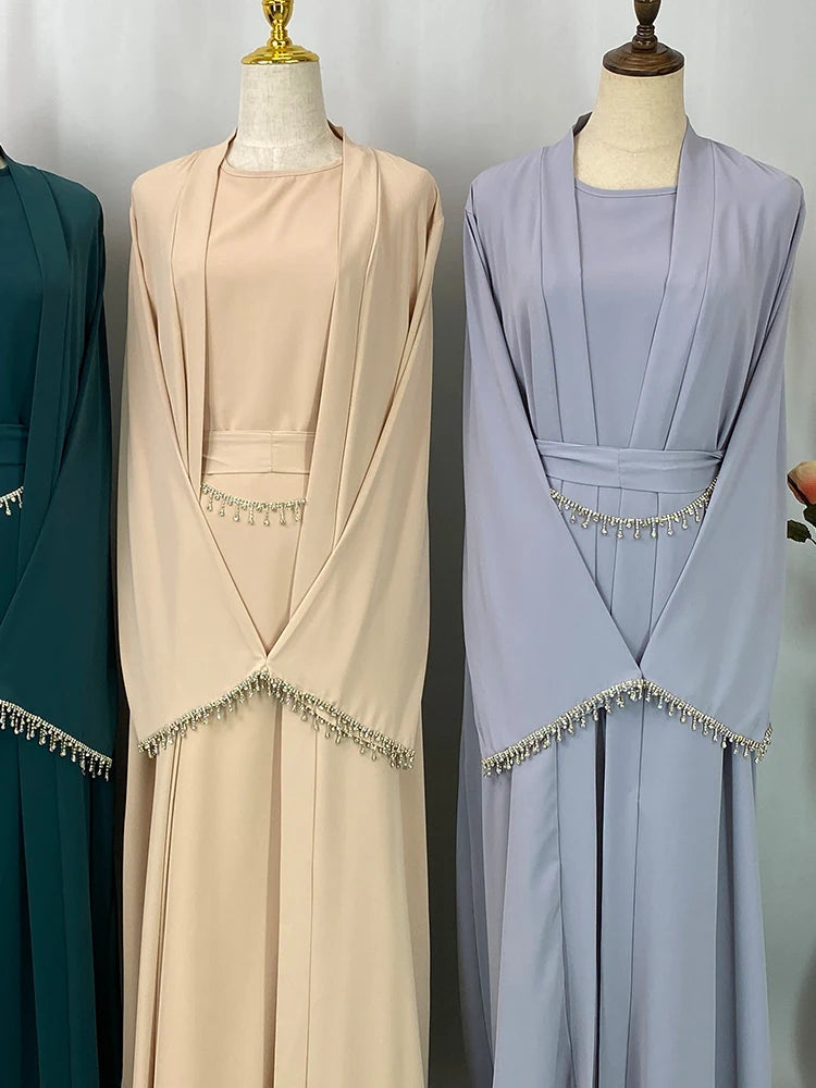 Crystal Chain Nida Black Abaya Evening Dress Set