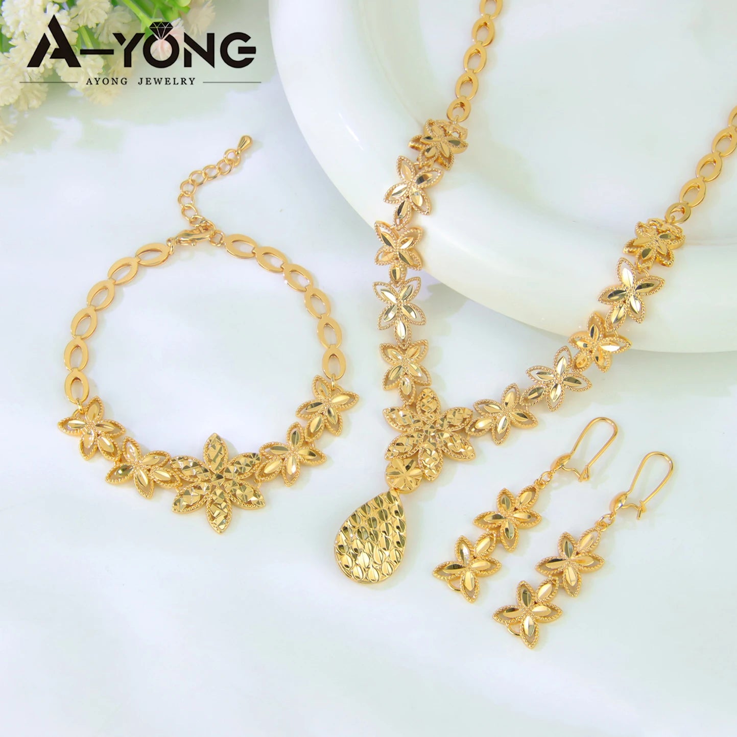 Dubai Wedding Gold Necklace Bracelet & Earrings Set