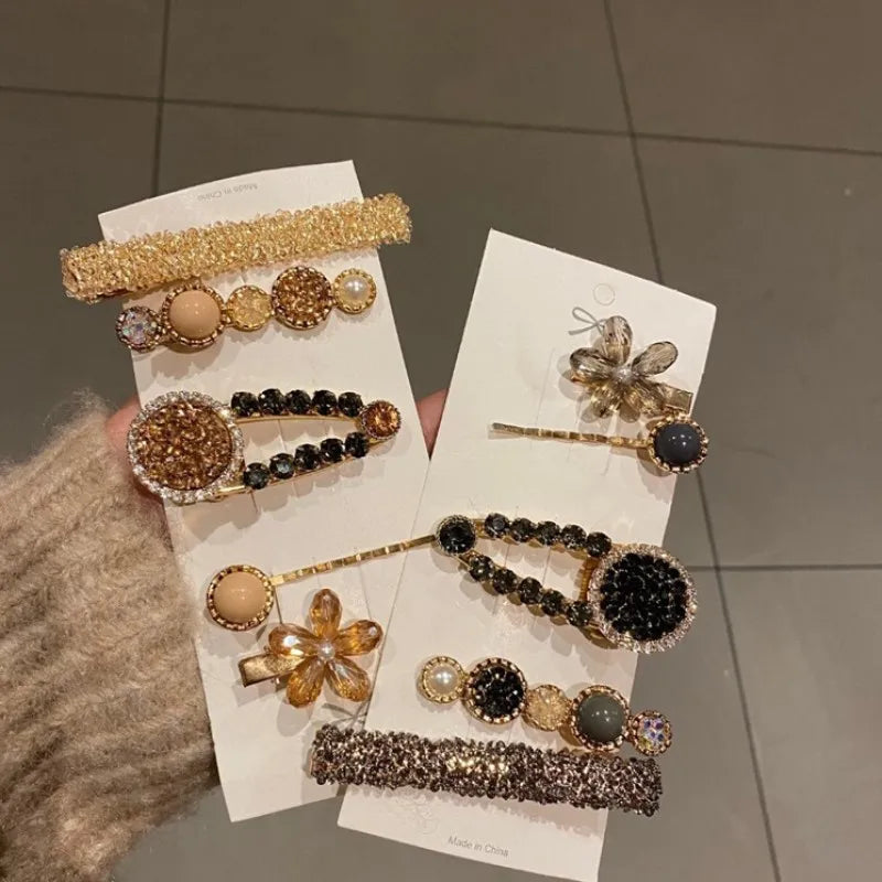 Handmade Pearl & Rhinestone Flower Hair Clips Set