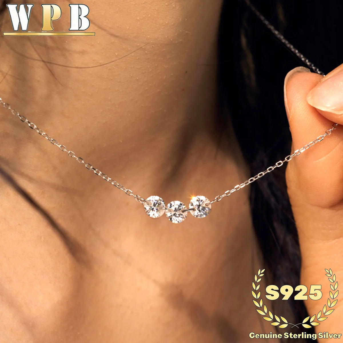 S925 Silver Triple Zircon Sliding Necklace