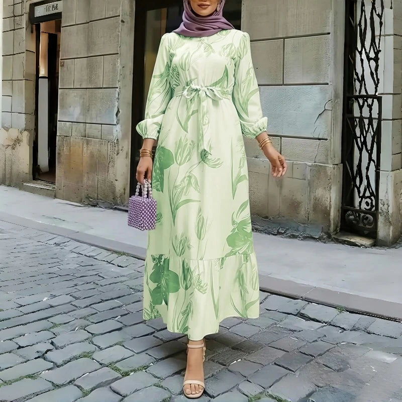 Floral Print Round Neck Ruffle Hem Modest Maxi Dress