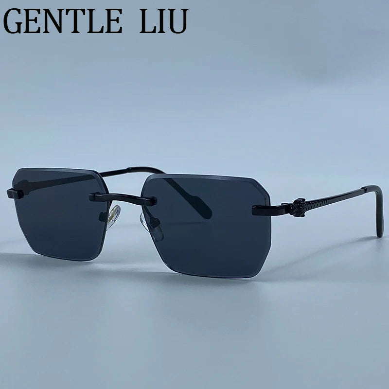 Geometric Square Rimless Sunglasses Women 2026 Luxury Designer Steampunk Leopard Head Metal Sun Glasses Ladies Shades Eyewear