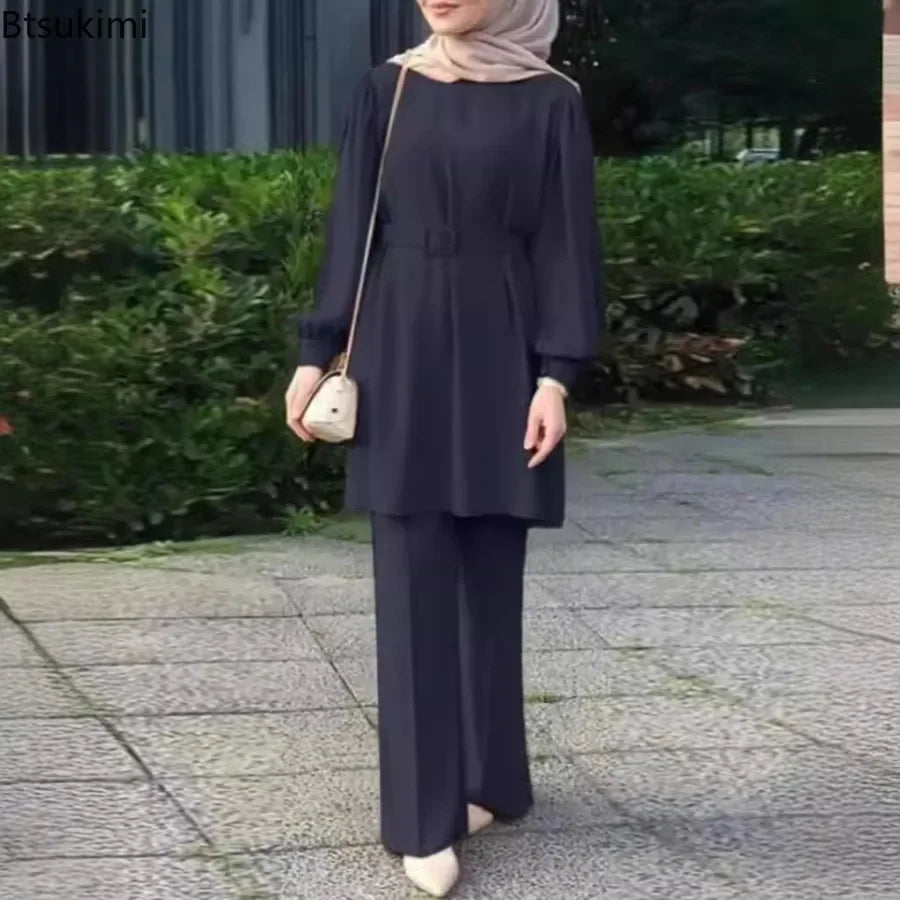 Elegant Muslim Blouse, Belt & Pants Set