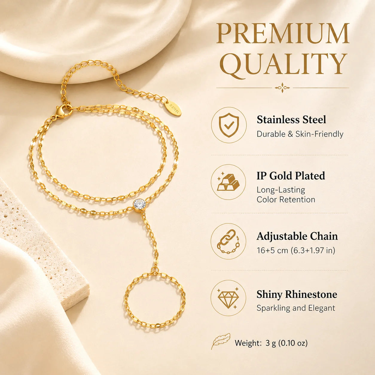 Gold Double Layer Hand Chain Ring Bracelet
