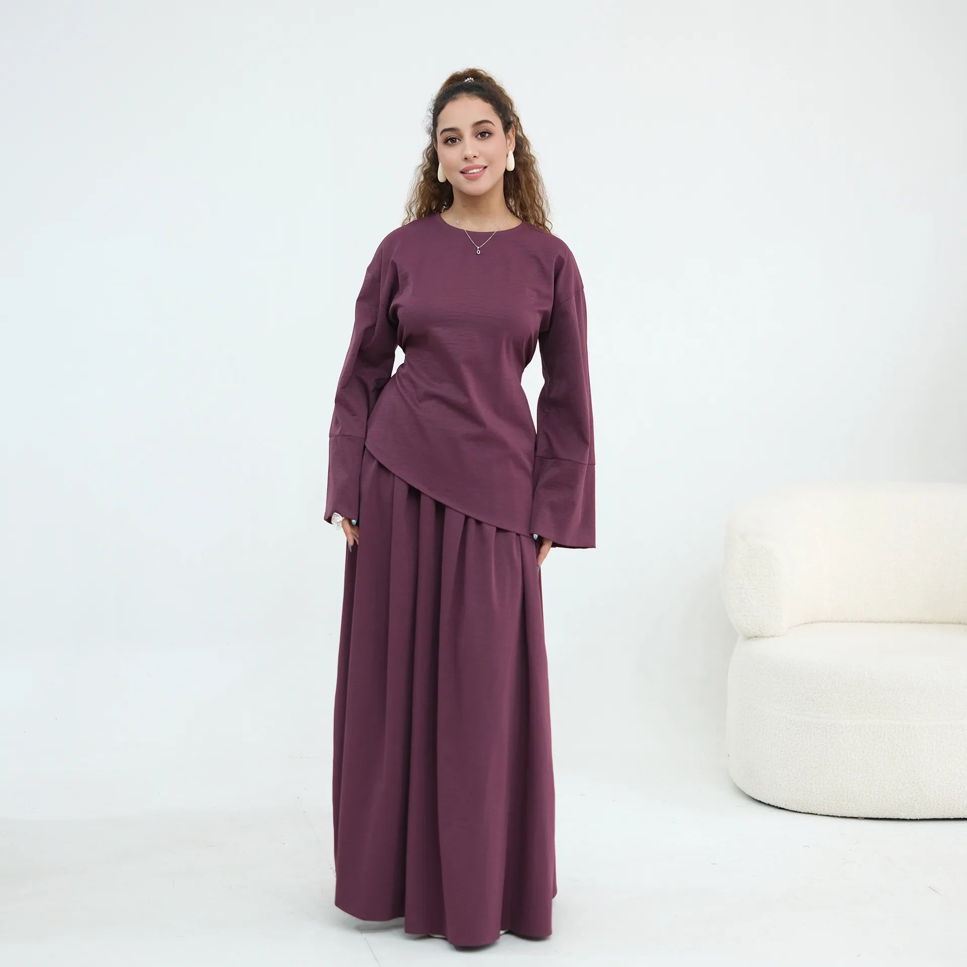 Elegant Women's 2 Piece Abaya Set Muslim Clothing Long Sleeve Top and Pleated Skirt Islamic Traditional Matching Turkey Outfit