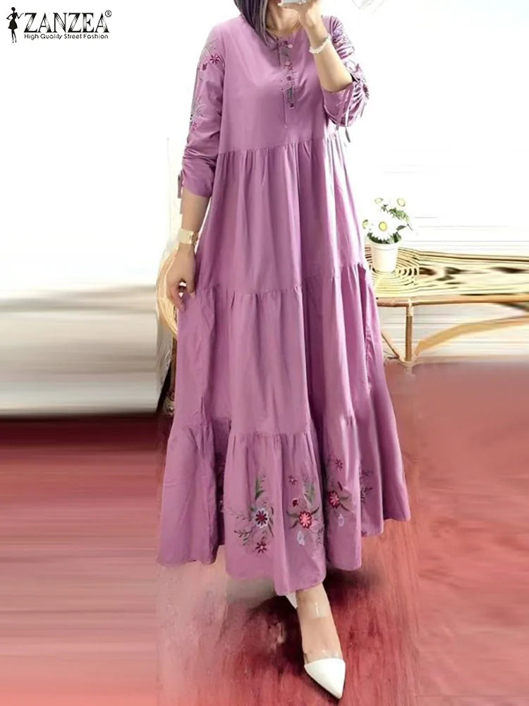 Floral Print 3/4 Sleeve Loose Kaftan Maxi Dress