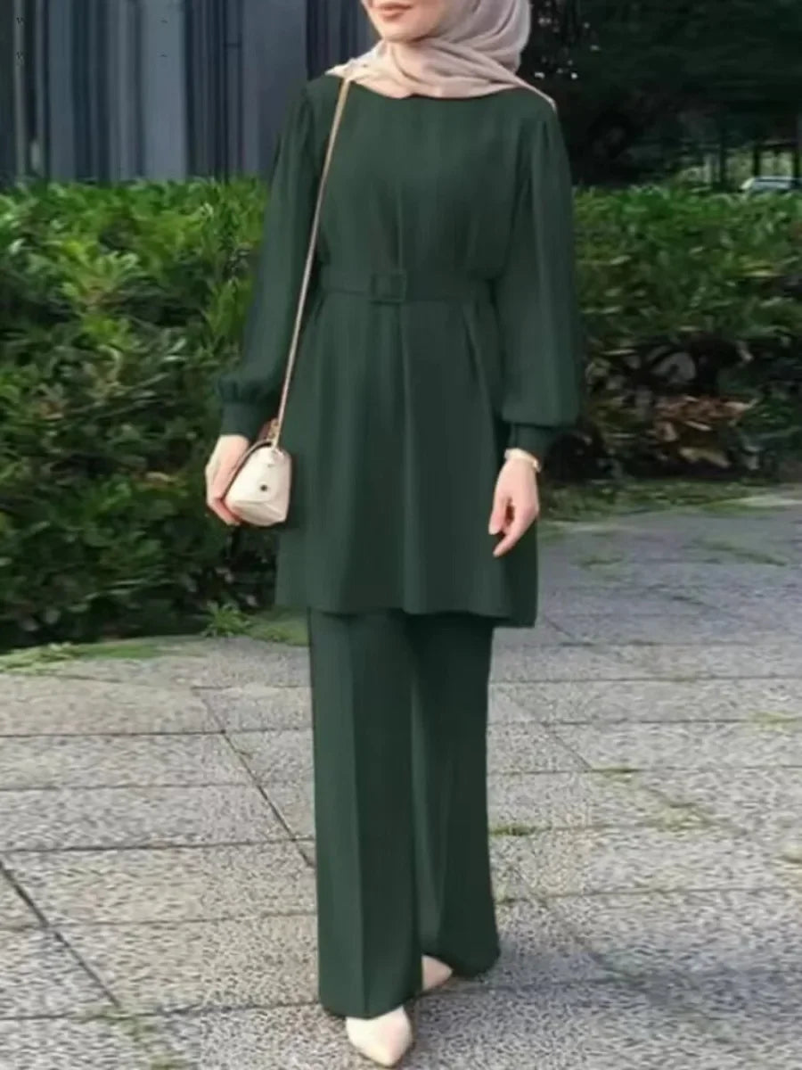 Lace-Up Blouse & Wide Leg Pants Abaya Set