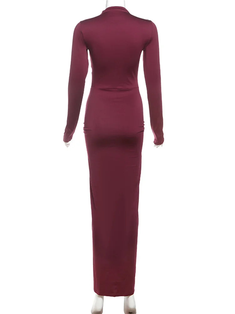 Long Sleeve Ruched Bodycon Maxi Dress