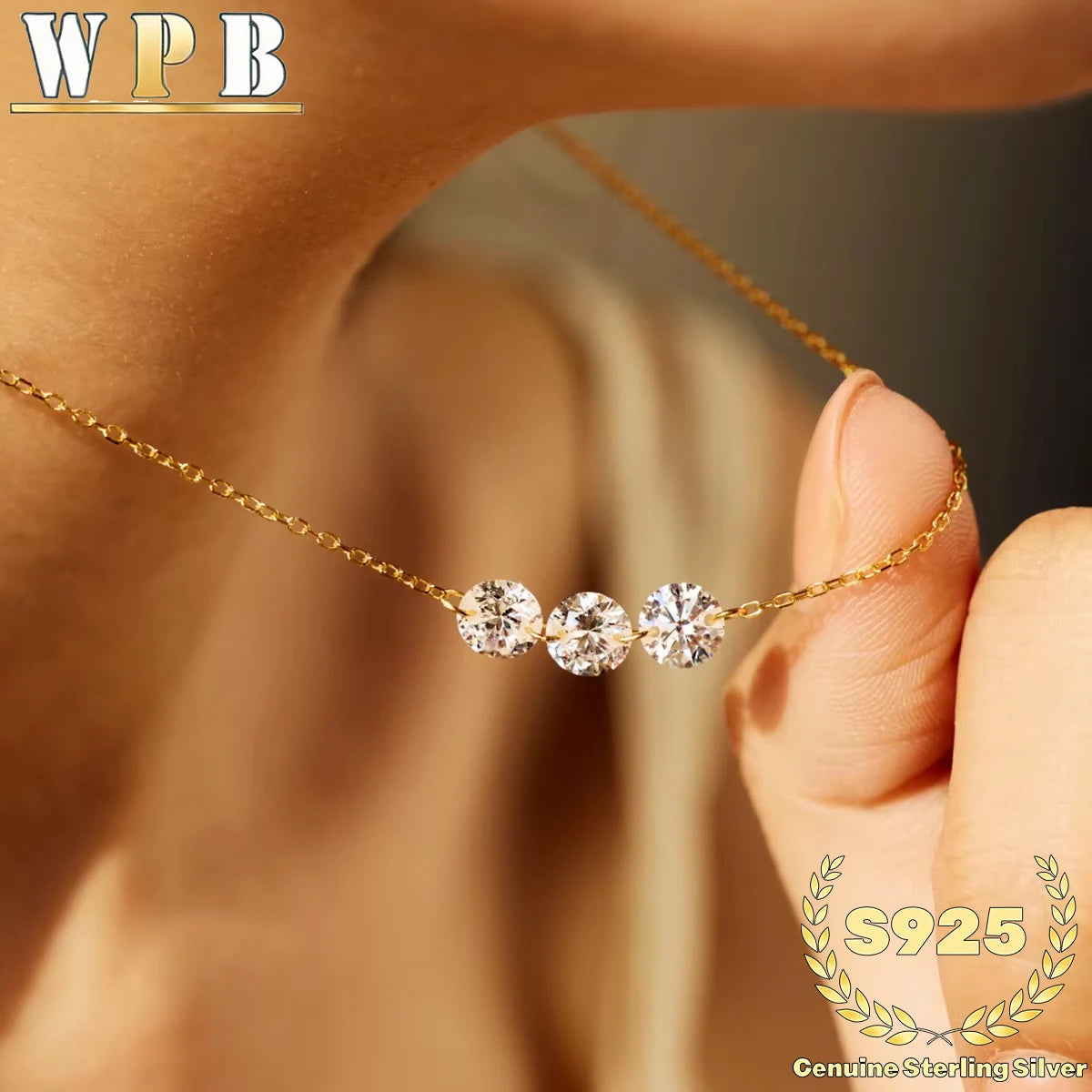 S925 Silver Triple Zircon Sliding Necklace