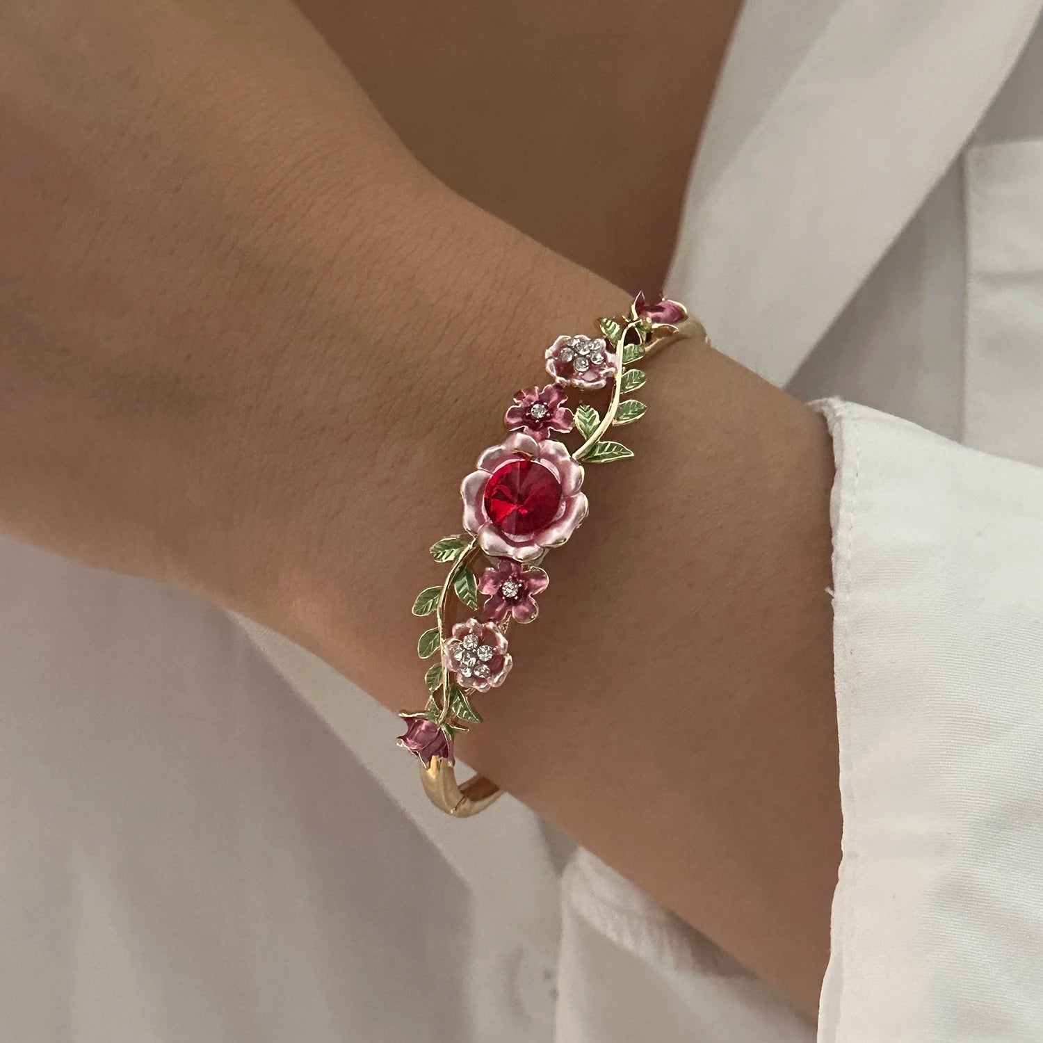 Enamel Flower Copper Bangle Bracelet