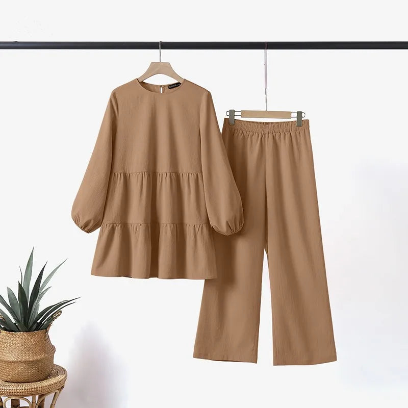 Ensembles Muslim Two Piece Set Women Blouse Wide Leg Pants Suit Ramadan Eid Morocco Dubai Islam Arabic Modest Saudi Outfits