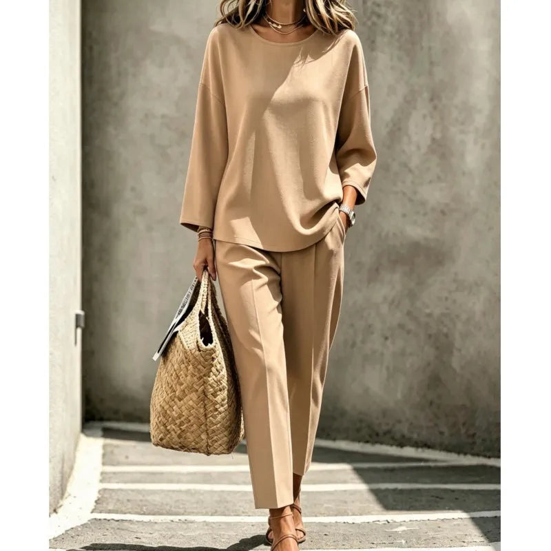 Casual Solid Color Two-piece Set Women's Spring Autumn Simple Round Neck Loose Top+pants Suit Fashion Street Outfit For Ladies