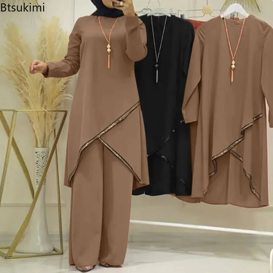 Women Muslim Wide Leg Pants Sets Fashion Sequins Islamic Clothing Loose Matching Sets Tracksuit Long Sleeve Blouse Abaya Suits