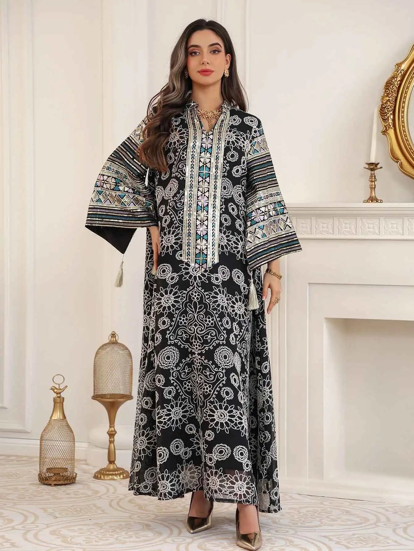 Multicolour Embroidered Sequin Beige Abaya