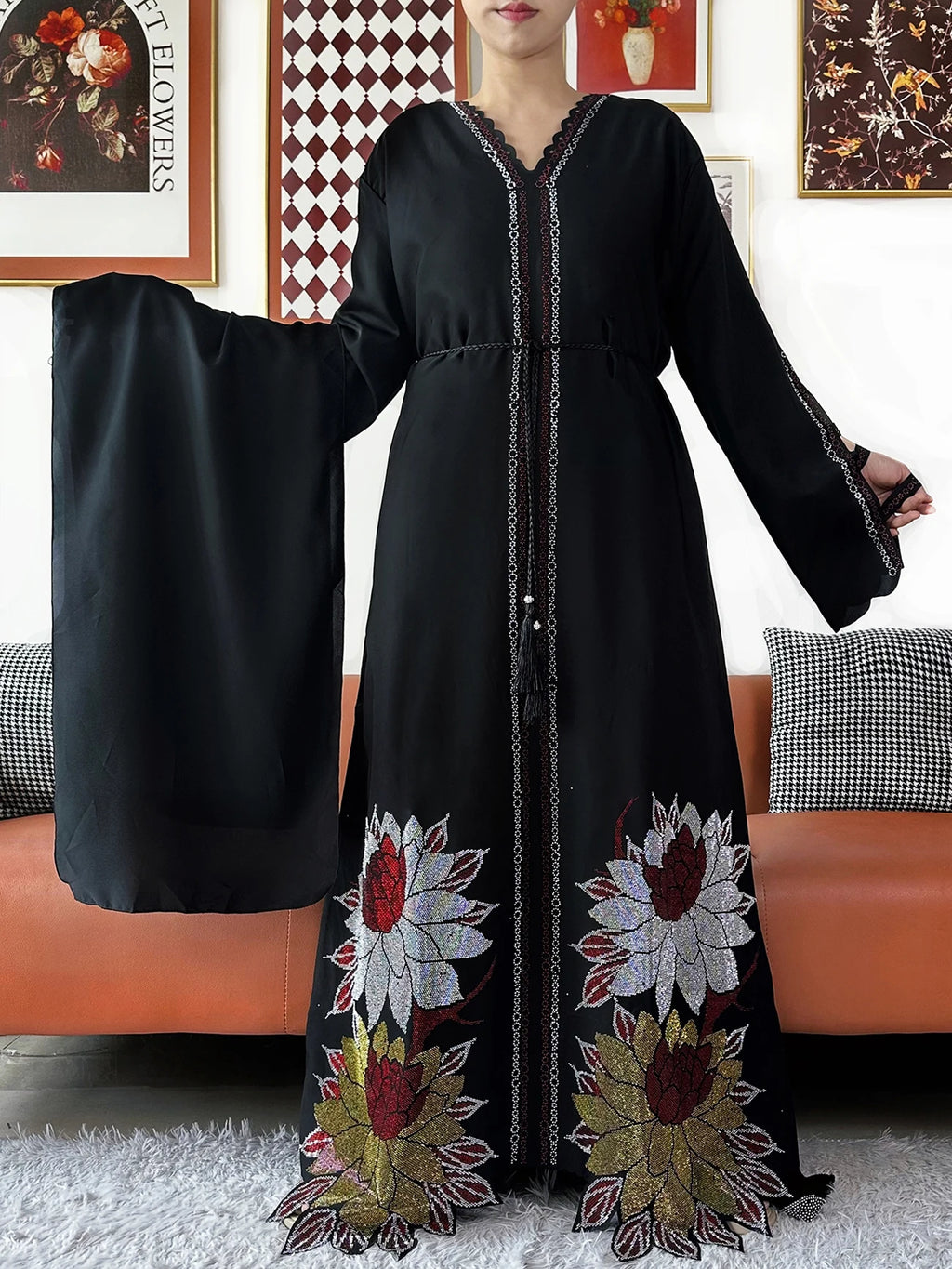 Chiffon Diamond Long Sleeve Abaya Dress