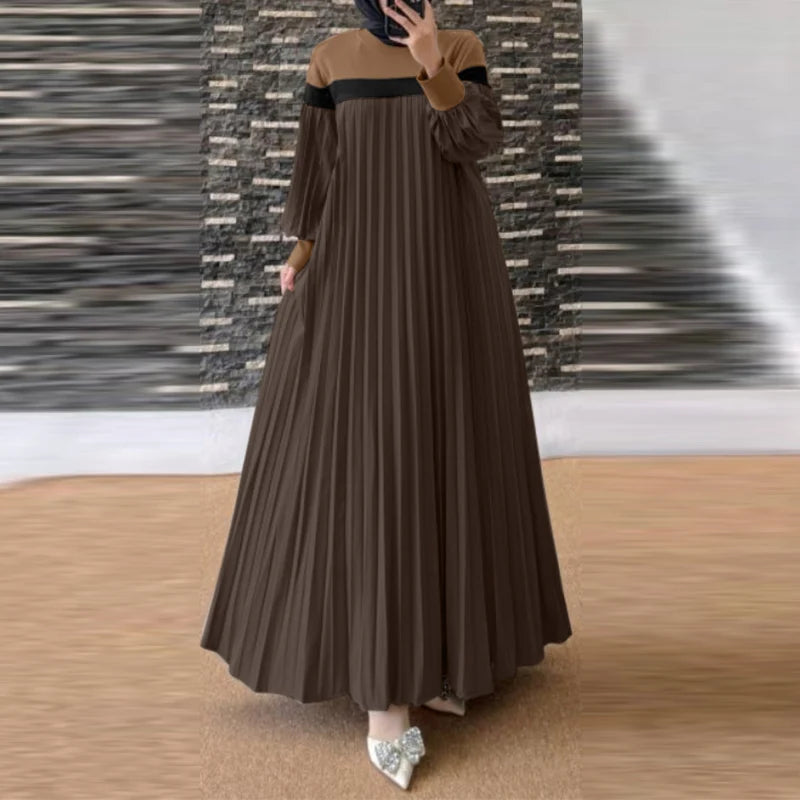Lantern Sleeve Patchwork Pleated Abaya Maxi Dress