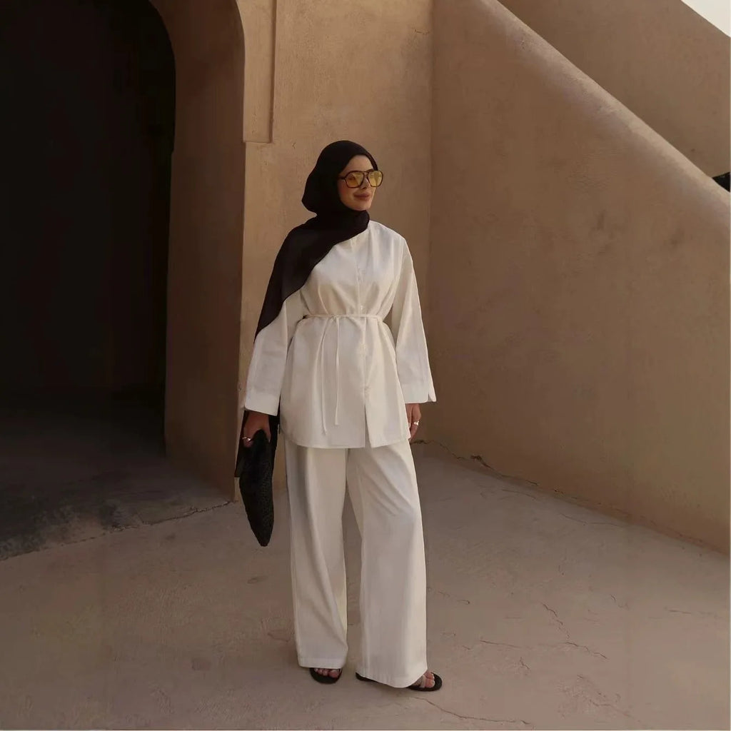 New Elegant Women Buttons Tops and Pants Muslim Set Dubai Abaya Kaftan Islam Clothing Modest Tracksuit Femme Musulmane Ensembles