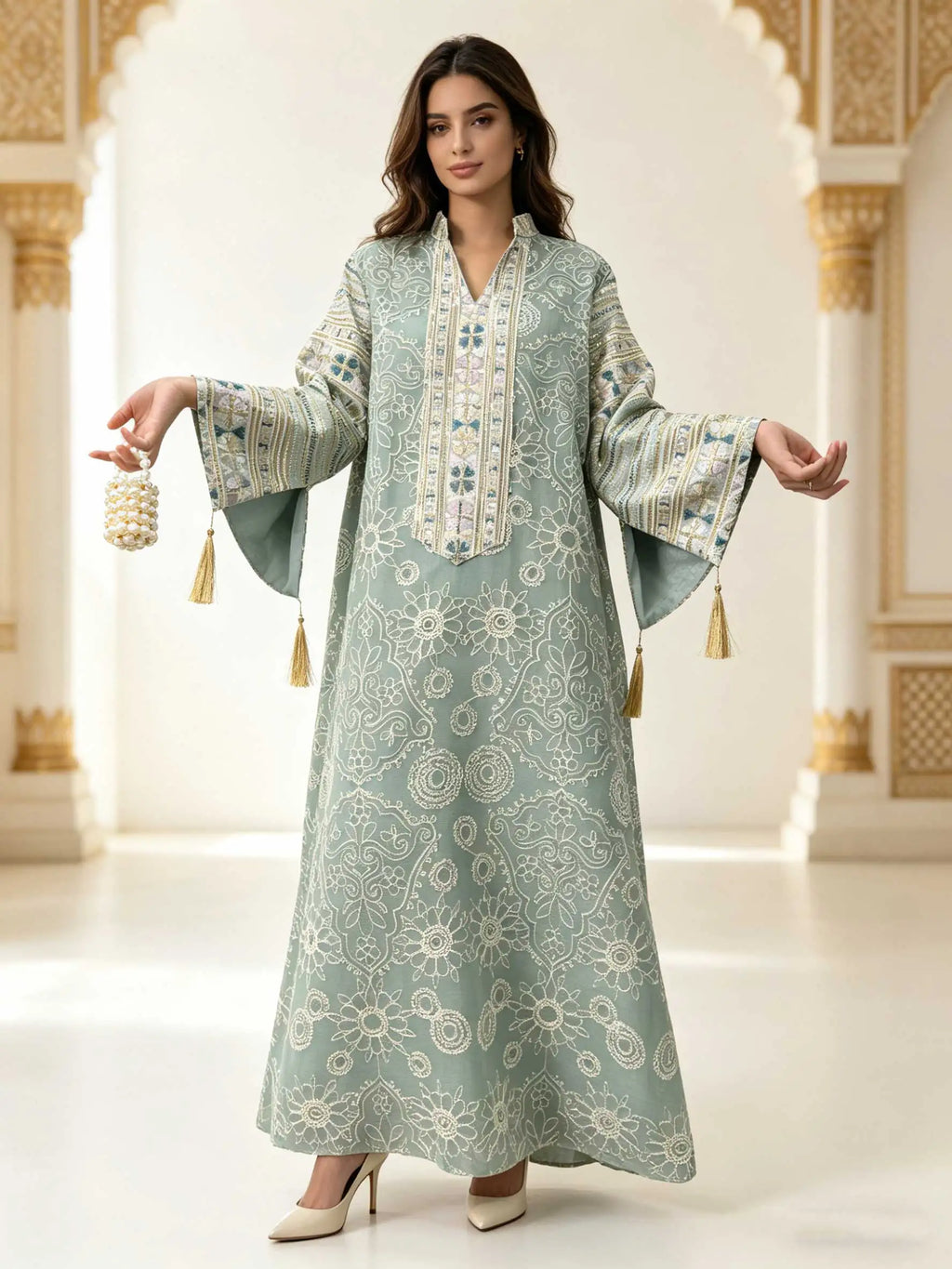 Multicolour Embroidered Sequin Beige Abaya