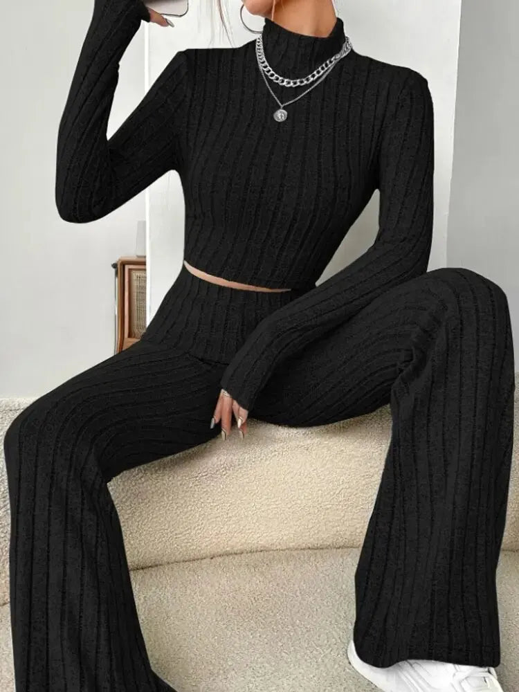 Stand Collar Crop Top & Flared Pants Set