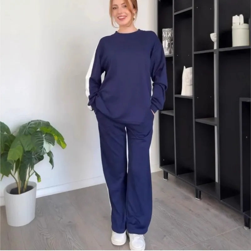 Women's Casual Color Matching Sports Two-piece Set Spring Autumn Fashion Round Neck Top+pants Suit With Slit Design Lady Outfit