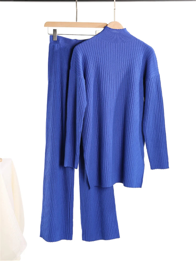 Women's Knit 2-Piece Set – High-Waist Wide-Leg Pants