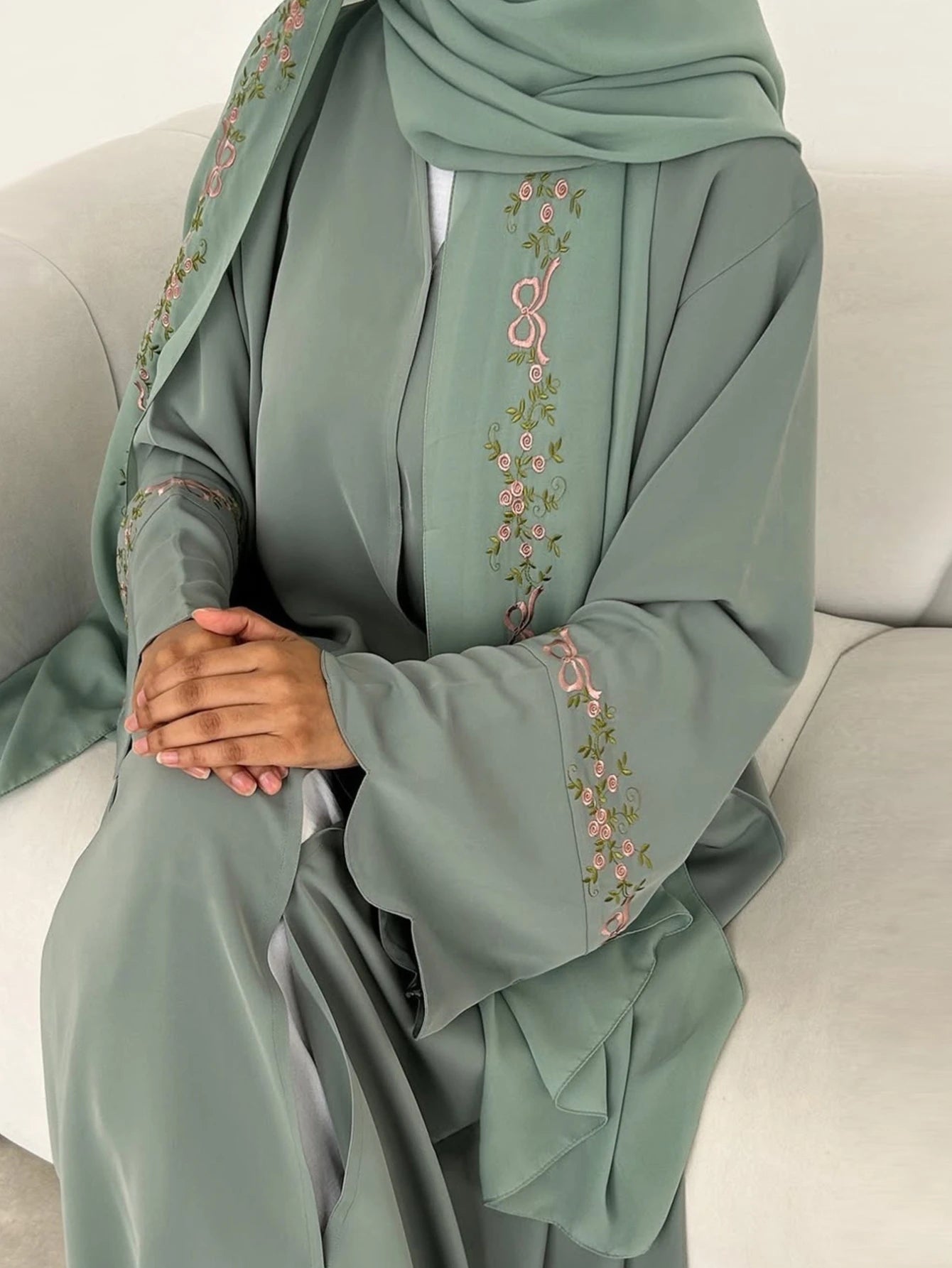 Embroidery Open Cardigan Abaya Dress