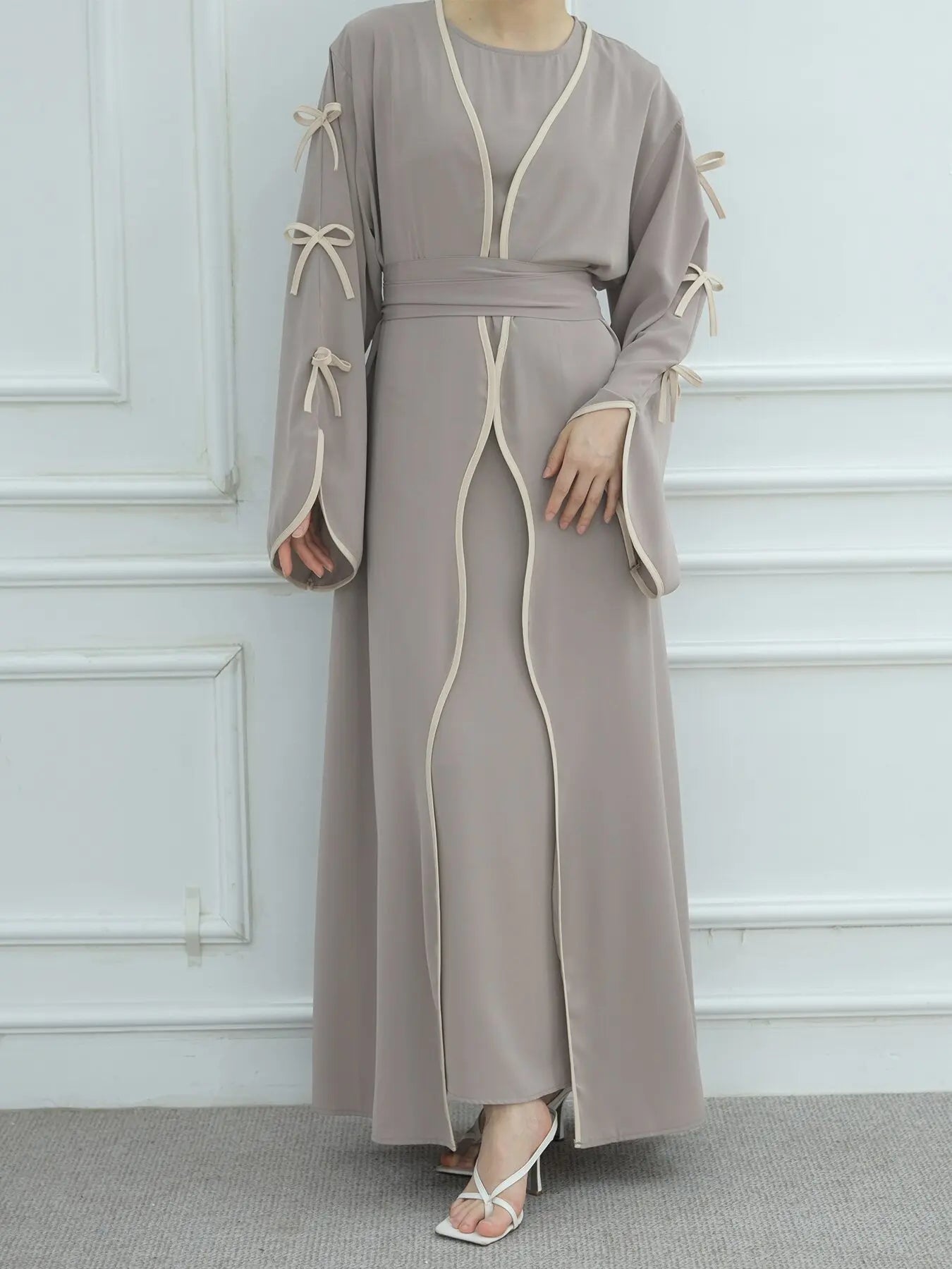 Bow Lace-Up Floral Kaftan Abaya Dress