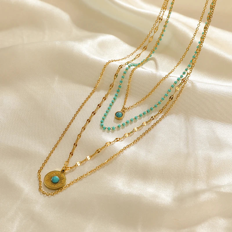 Green Stone Multilayer Pendant Necklace