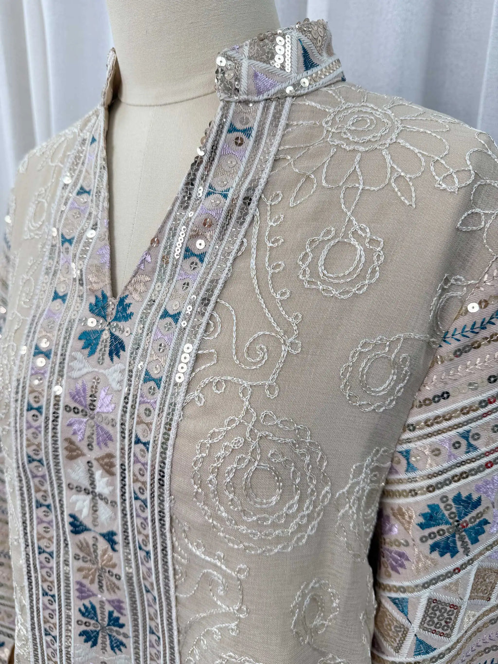 Multicolour Embroidered Sequin Beige Abaya