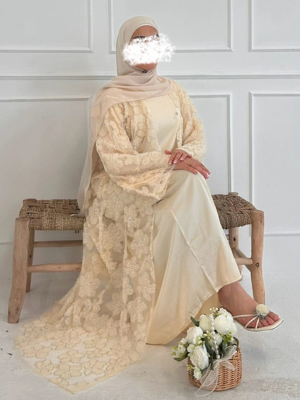 Beading Flower Cardigan Abaya Dress