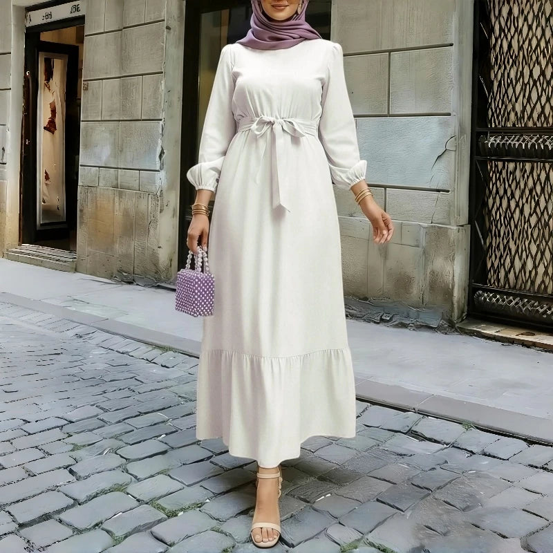 Floral Print Round Neck Ruffle Hem Modest Maxi Dress