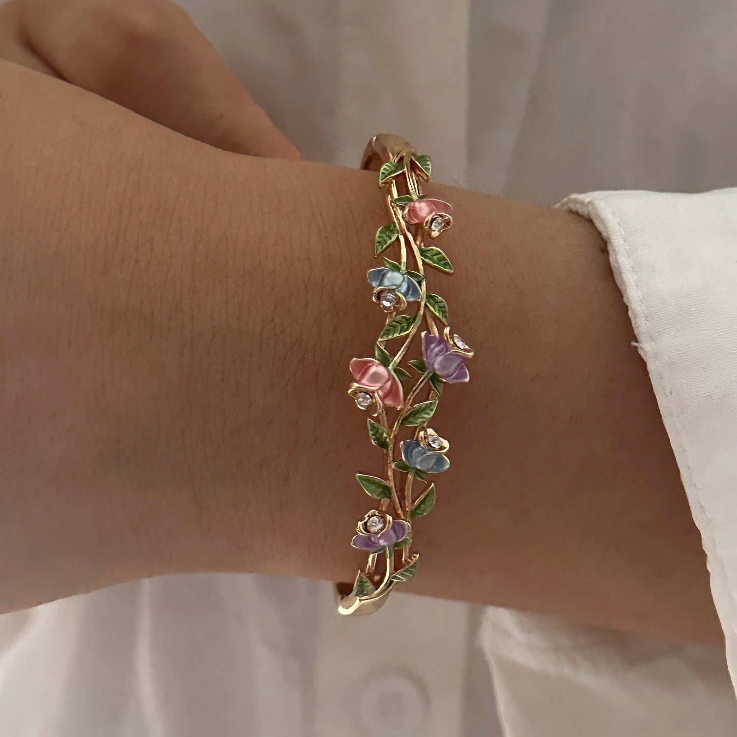 Enamel Flower Copper Bangle Bracelet