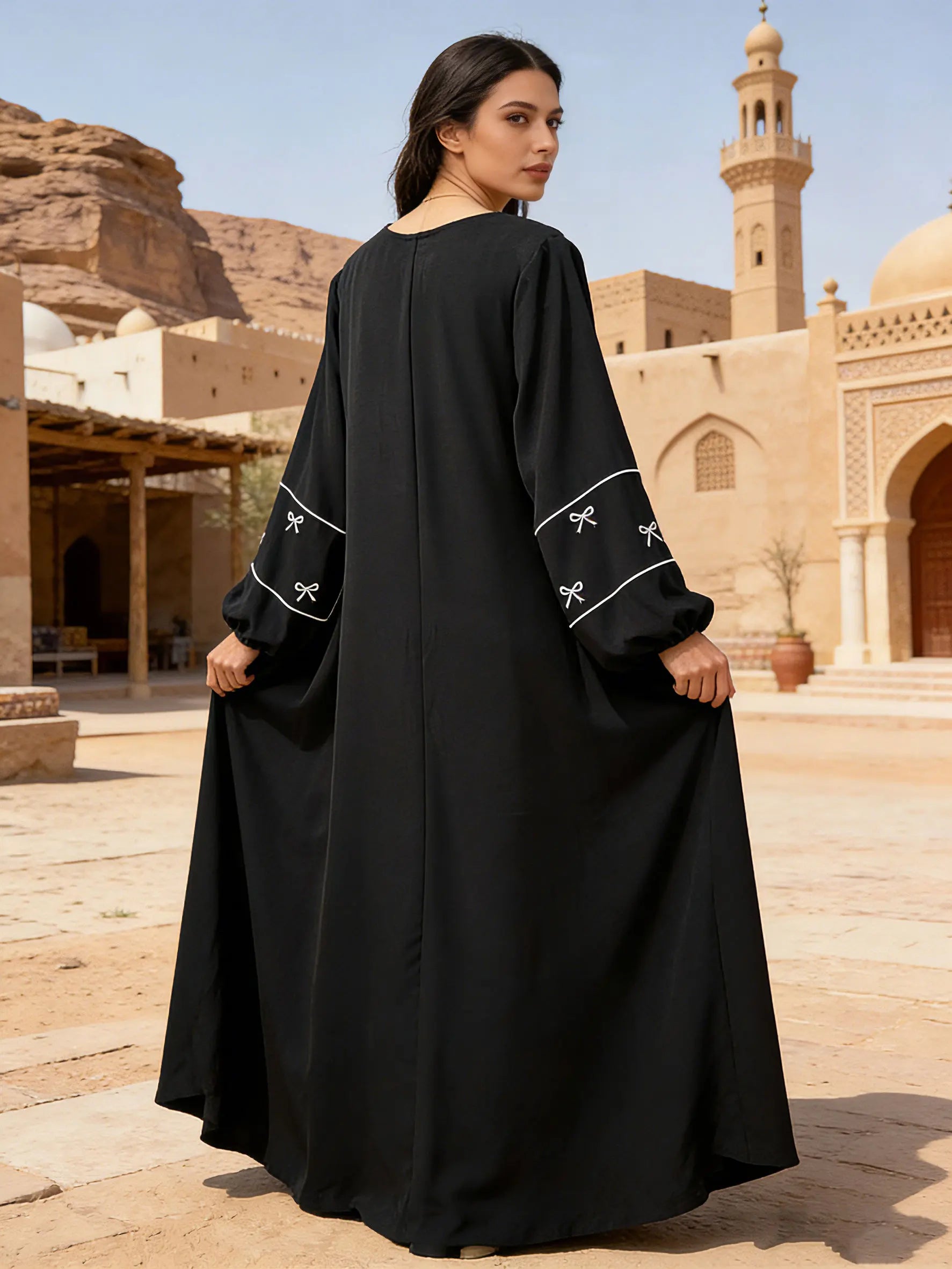 Black Abaya with White Bow Embroidery