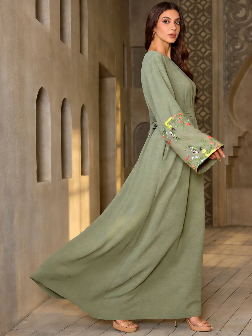 Olive Green Floral Sleeve Embroidered Abaya