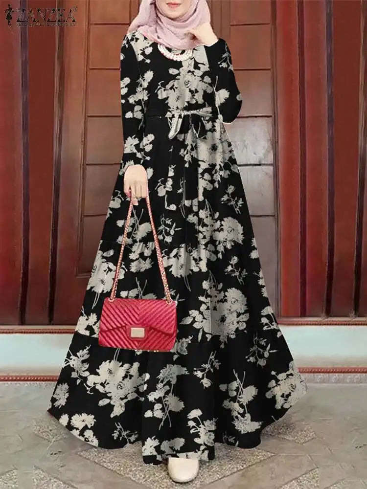 Floral Bohemian Tiered Belted Abaya Maxi Dress