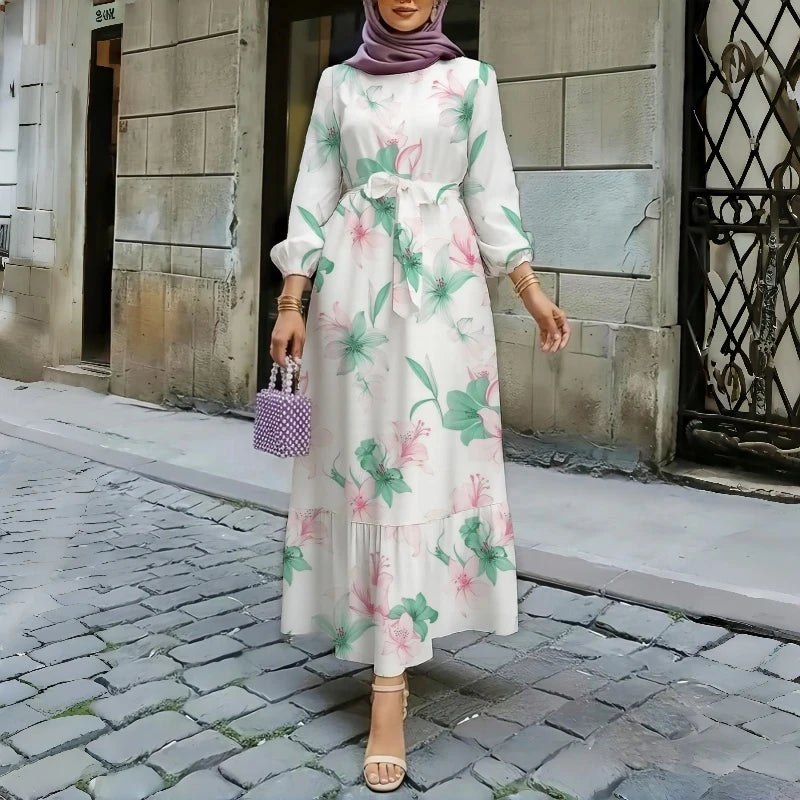 Floral Print Round Neck Ruffle Hem Modest Maxi Dress