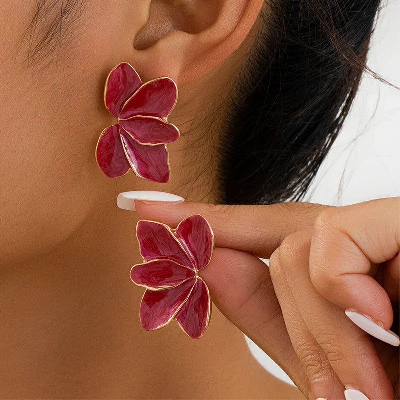 Red Enamel Flower Petal Stud Earrings